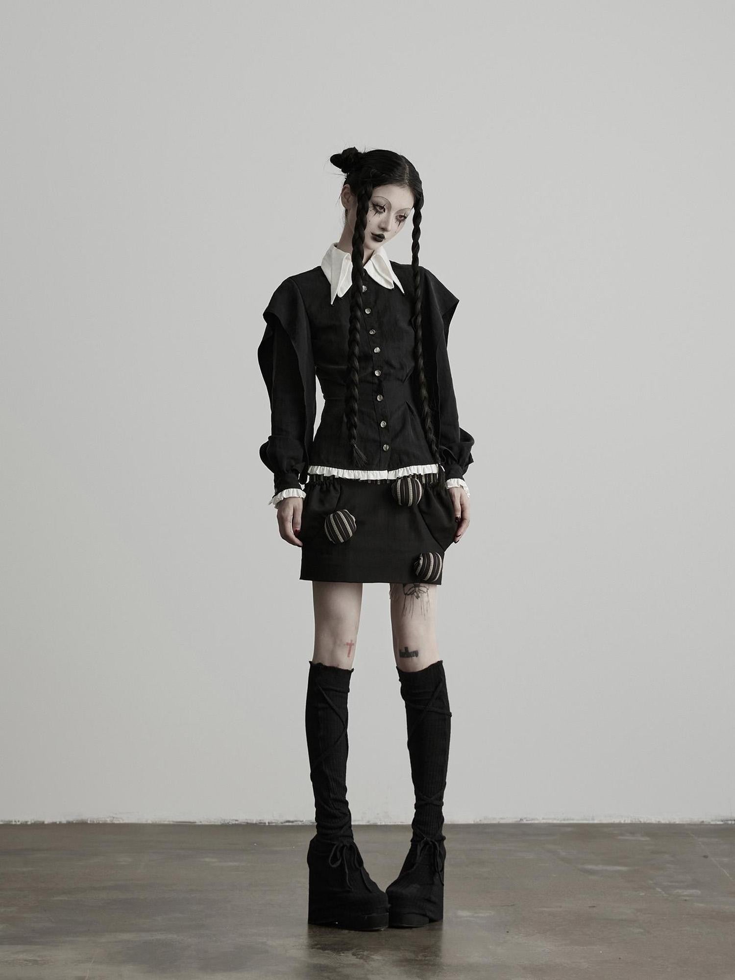 INDULGE Black White Ruffled Pointed Collar Tailored Women&