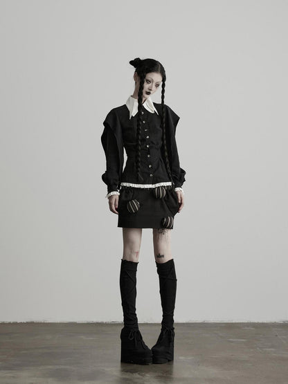 INDULGE Black White Ruffled Pointed Collar Tailored Women&