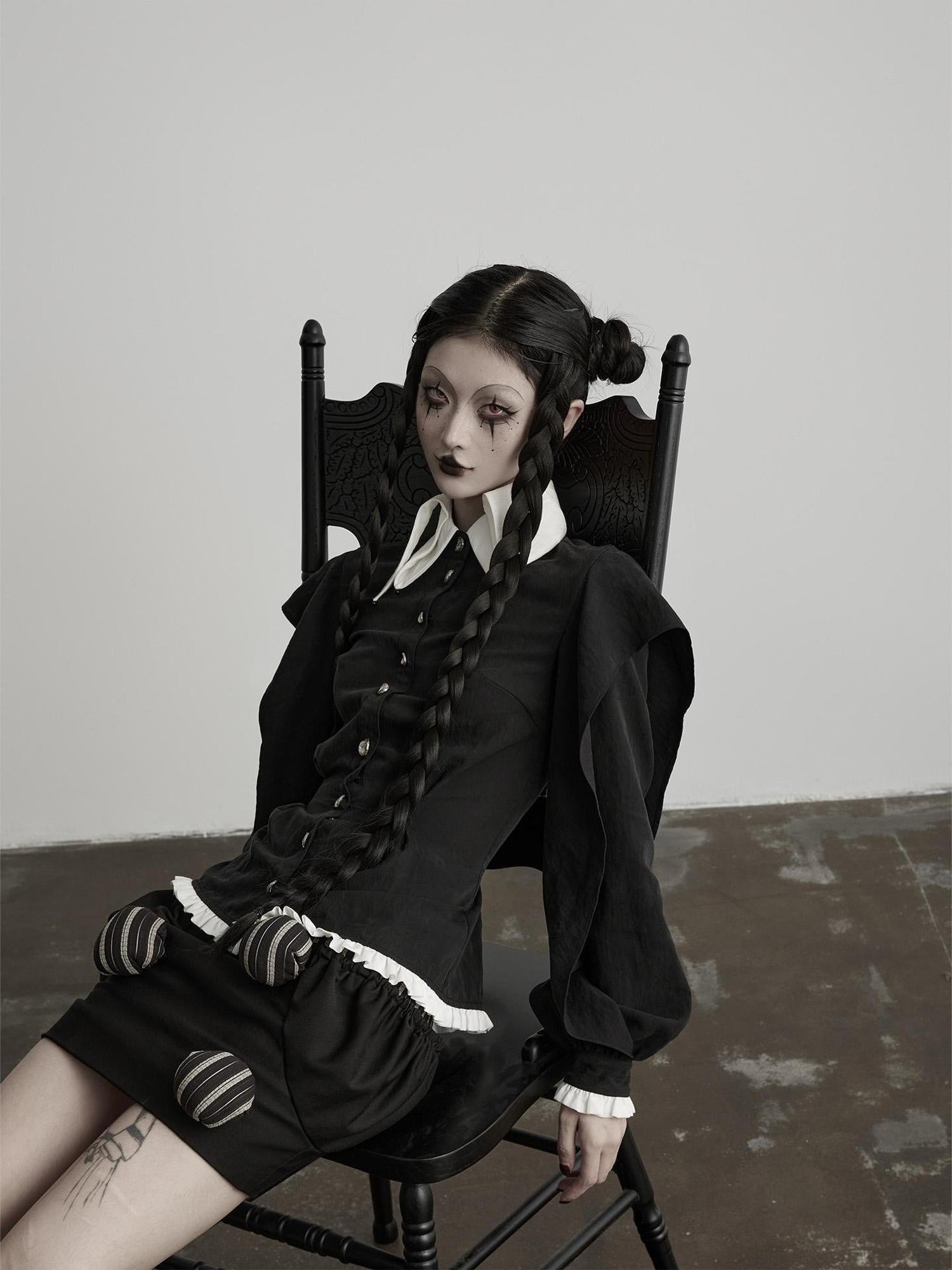 INDULGE Black White Ruffled Pointed Collar Tailored Women&