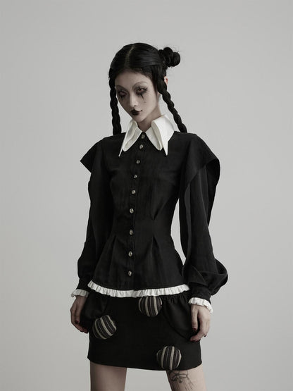 INDULGE Black White Ruffled Pointed Collar Tailored Women&