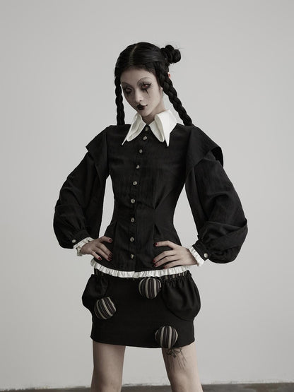 INDULGE Black White Ruffled Pointed Collar Tailored Women&
