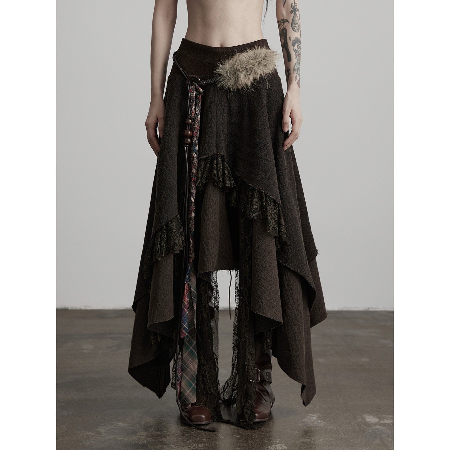 INDULGE Boho Lace Cotton A Line Mid Waist Loose Casual Women Deep Brown Tiered Skirts