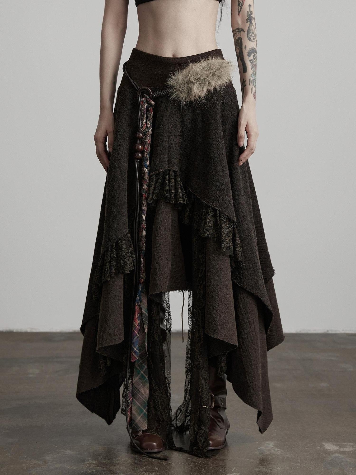 INDULGE Boho Lace Cotton A Line Mid Waist Loose Casual Women Deep Brown Tiered Skirts