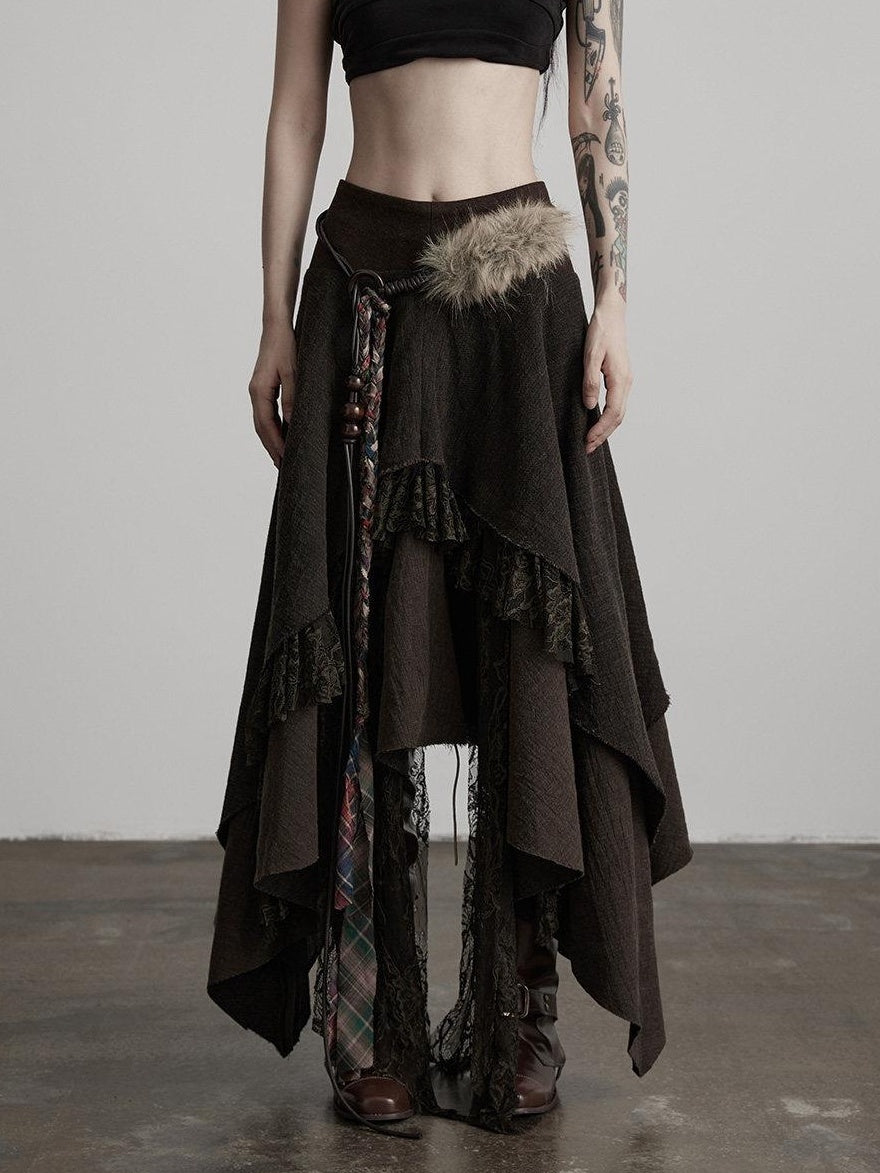 INDULGE Boho Lace Cotton A Line Mid Waist Loose Casual Women Deep Brown Tiered Skirts