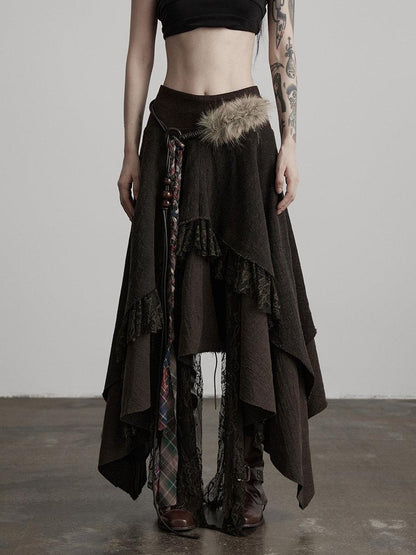 INDULGE Boho Lace Cotton A Line Mid Waist Loose Casual Women Deep Brown Tiered Skirts