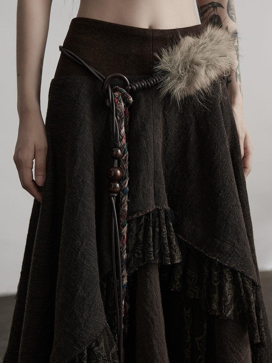 INDULGE Boho Lace Cotton A Line Mid Waist Loose Casual Women Deep Brown Tiered Skirts