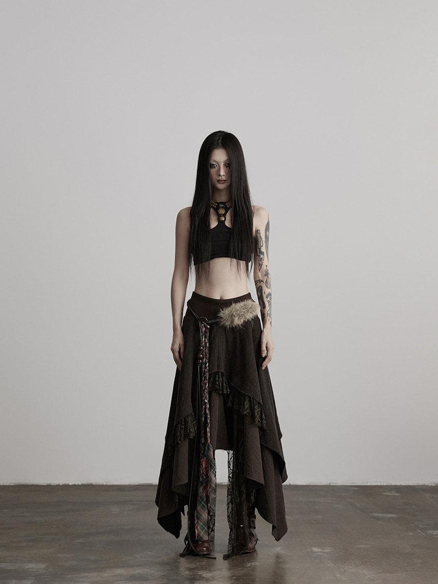 INDULGE Boho Lace Cotton A Line Mid Waist Loose Casual Women Deep Brown Tiered Skirts