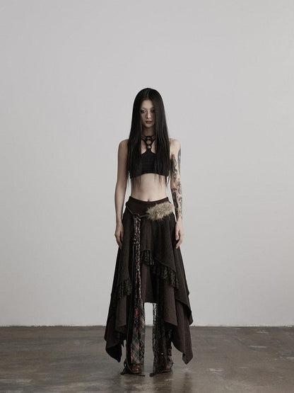 INDULGE Boho Lace Cotton A Line Mid Waist Loose Casual Women Deep Brown Tiered Skirts