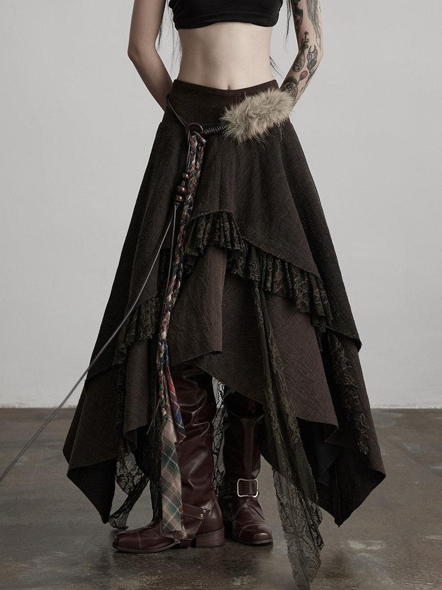 INDULGE Boho Lace Cotton A Line Mid Waist Loose Casual Women Deep Brown Tiered Skirts