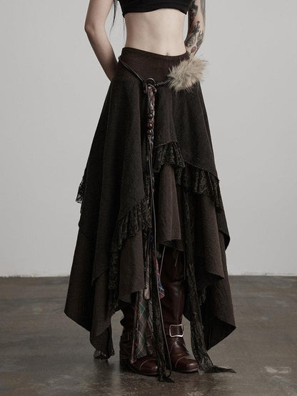INDULGE Boho Lace Cotton A Line Mid Waist Loose Casual Women Deep Brown Tiered Skirts
