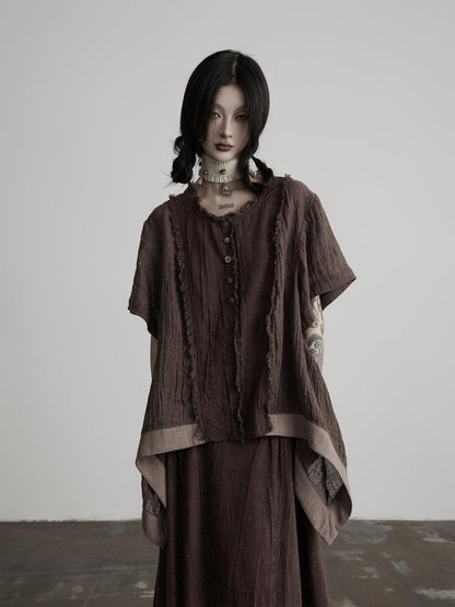 INDULGE Boho Patchwork Frayed Curved Hem Women&