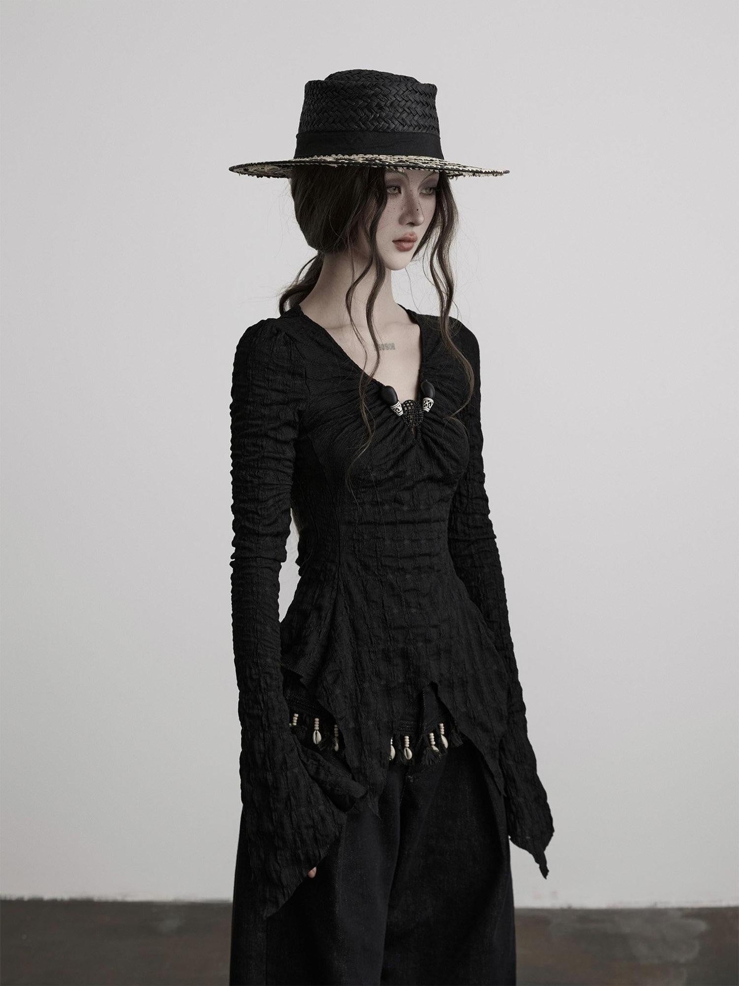 INDULGE Breathable Casual Slim Pleated V-neck Women Black Polyester Long Sleeve T-Shirts