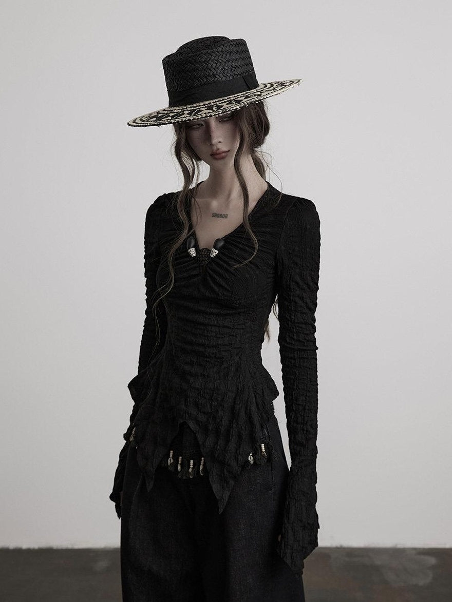 INDULGE Breathable Casual Slim Pleated V-neck Women Black Polyester Long Sleeve T-Shirts