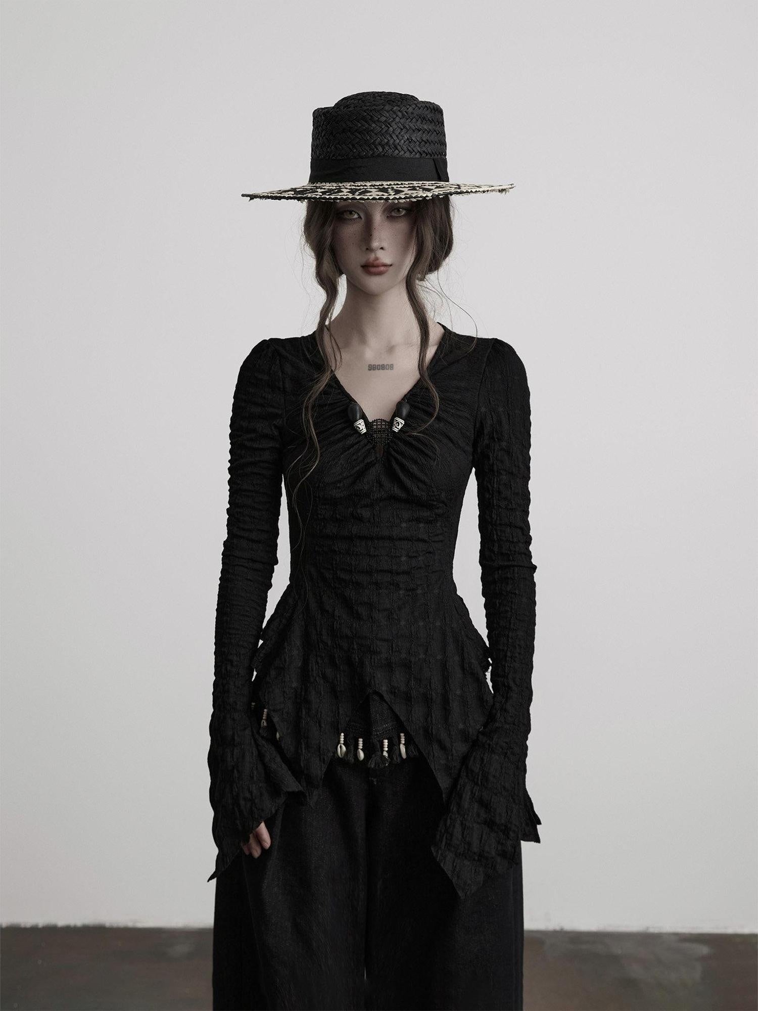 INDULGE Breathable Casual Slim Pleated V-neck Women Black Polyester Long Sleeve T-Shirts