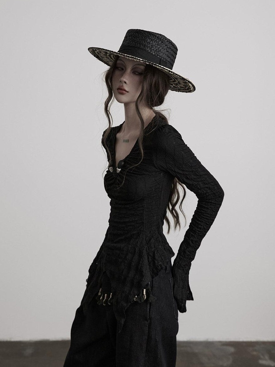 INDULGE Breathable Casual Slim Pleated V-neck Women Black Polyester Long Sleeve T-Shirts