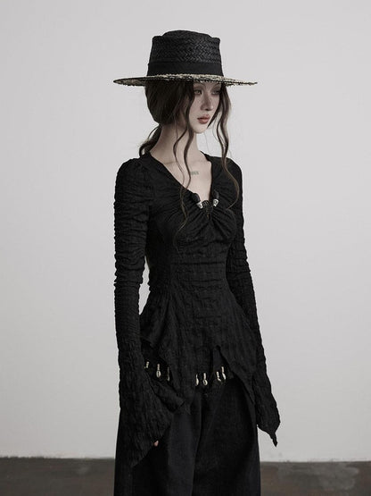 INDULGE Breathable Casual Slim Pleated V-neck Women Black Polyester Long Sleeve T-Shirts