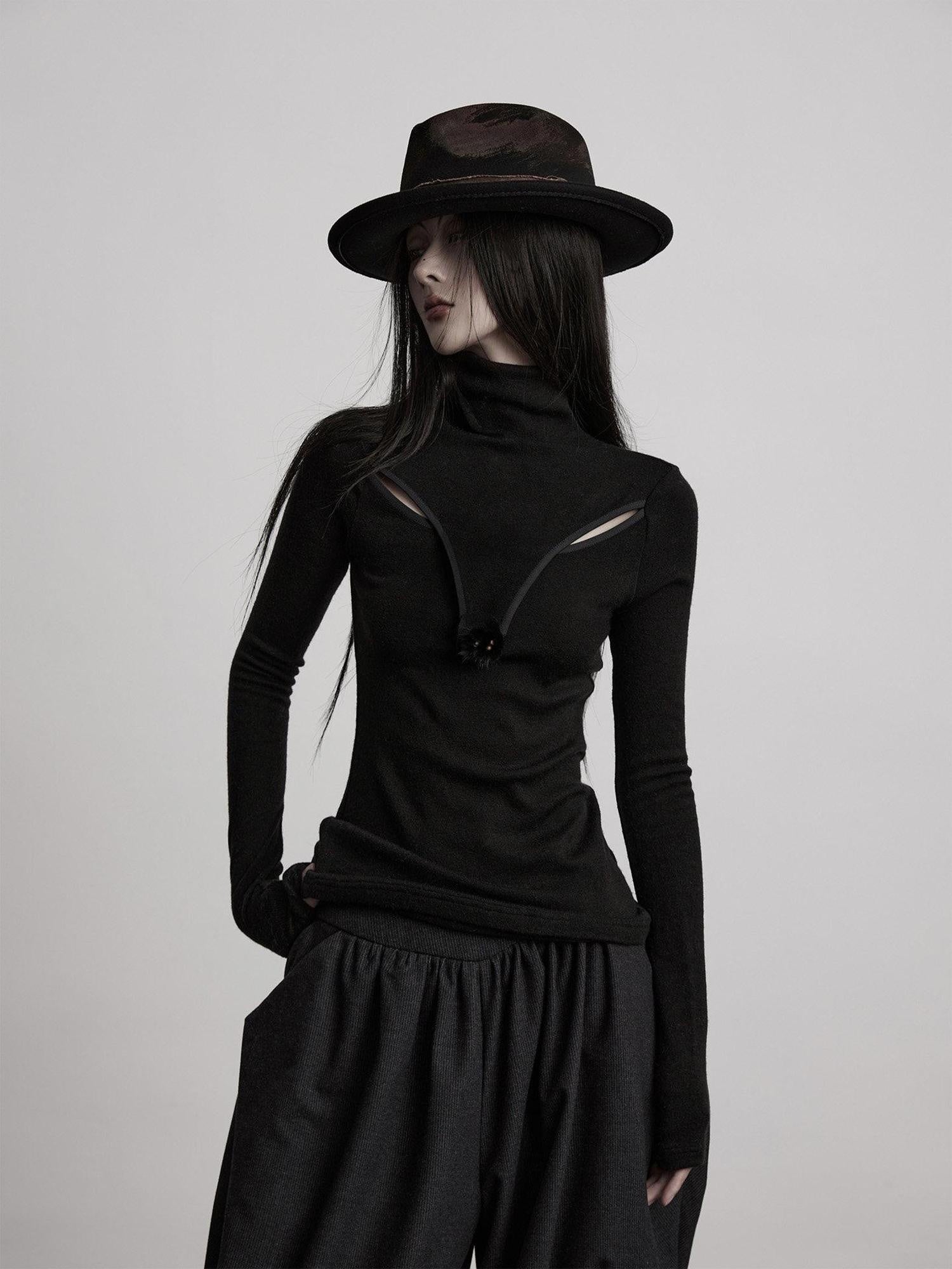 INDULGE Breathable Slim Fit Cutout Mock Neck Women Black Long Sleeve T-Shirts
