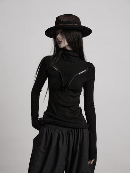INDULGE Breathable Slim Fit Cutout Mock Neck Women Black Long Sleeve T-Shirts