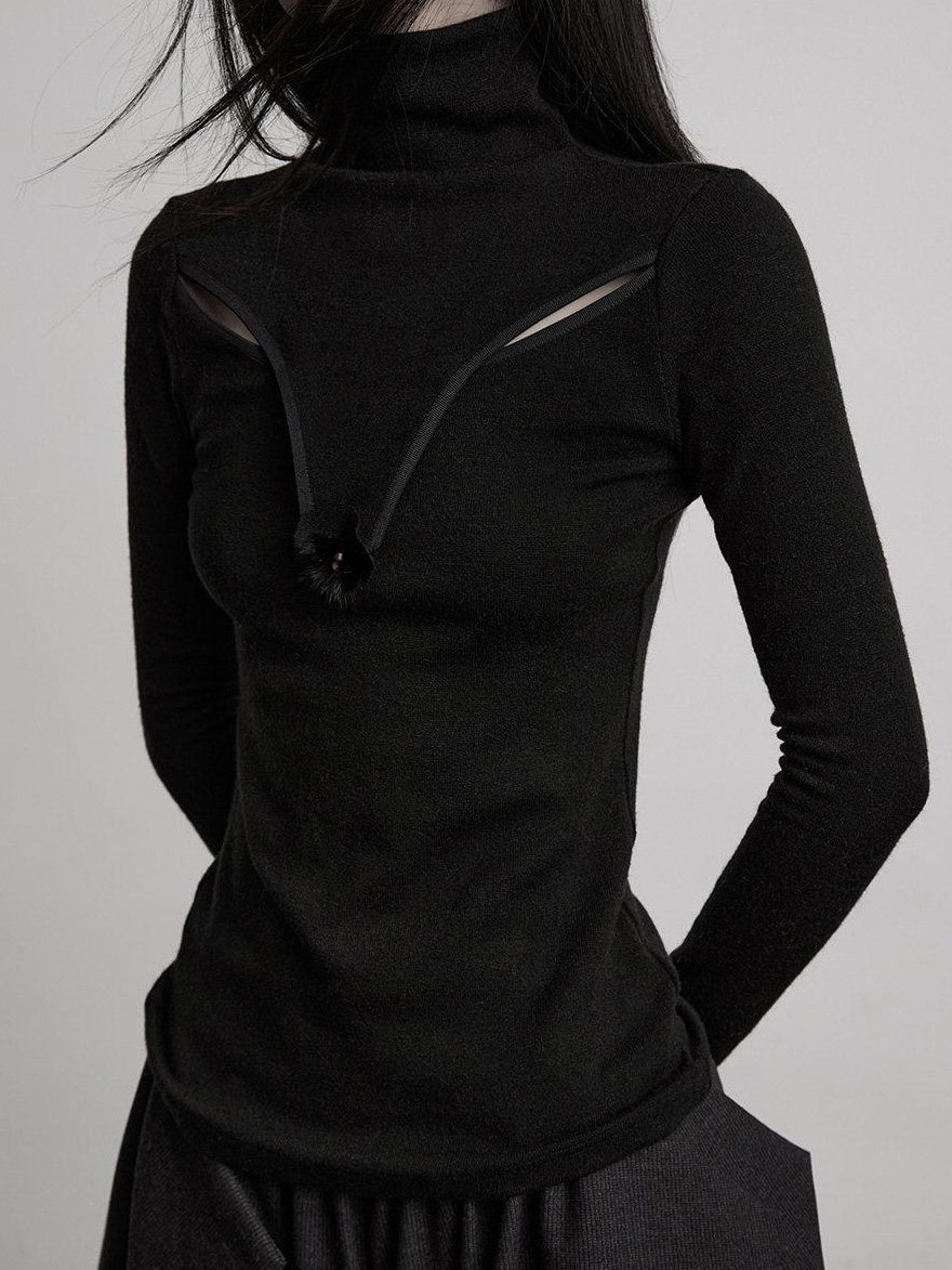 INDULGE Breathable Slim Fit Cutout Mock Neck Women Black Long Sleeve T-Shirts