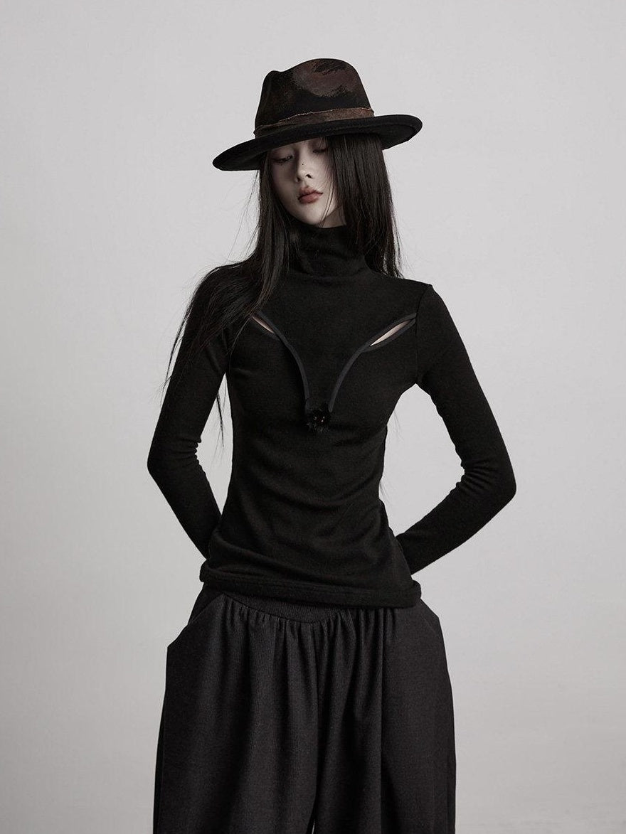 INDULGE Breathable Slim Fit Cutout Mock Neck Women Black Long Sleeve T-Shirts