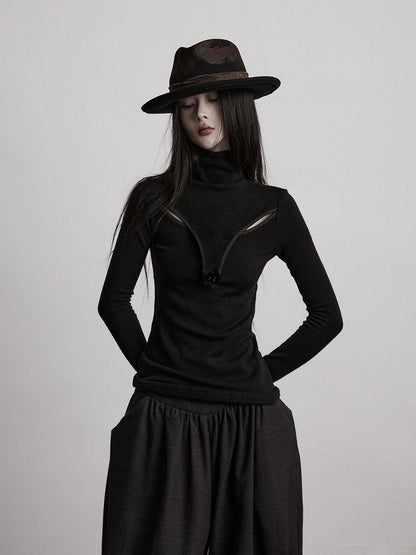 INDULGE Breathable Slim Fit Cutout Mock Neck Women Black Long Sleeve T-Shirts