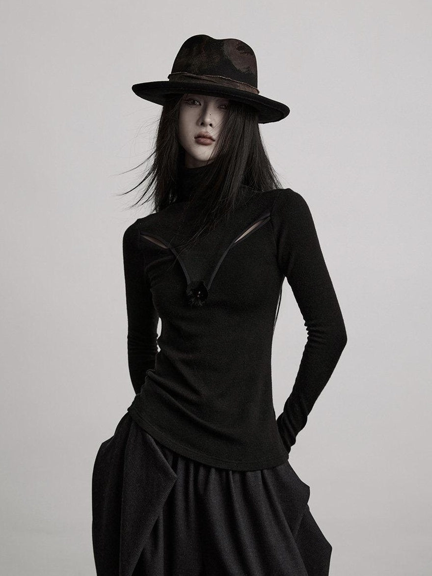INDULGE Breathable Slim Fit Cutout Mock Neck Women Black Long Sleeve T-Shirts