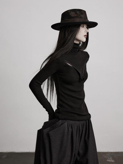 INDULGE Breathable Slim Fit Cutout Mock Neck Women Black Long Sleeve T-Shirts