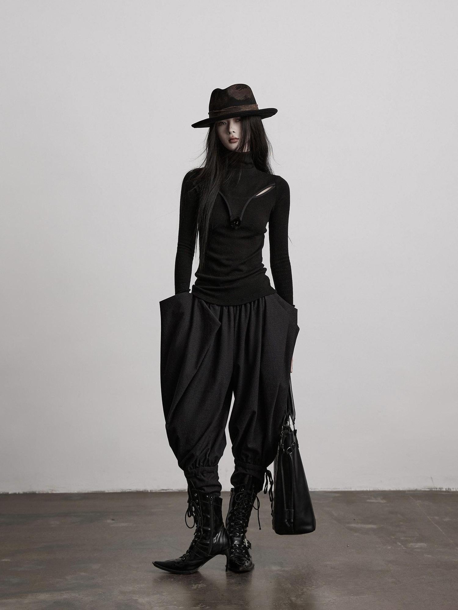 INDULGE Breathable Slim Fit Cutout Mock Neck Women Black Long Sleeve T-Shirts