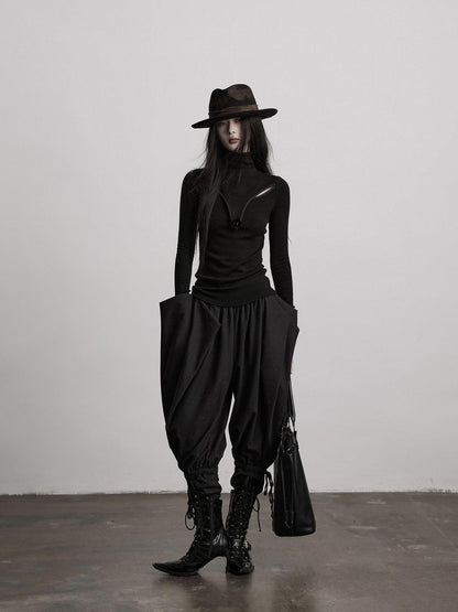 INDULGE Breathable Slim Fit Cutout Mock Neck Women Black Long Sleeve T-Shirts