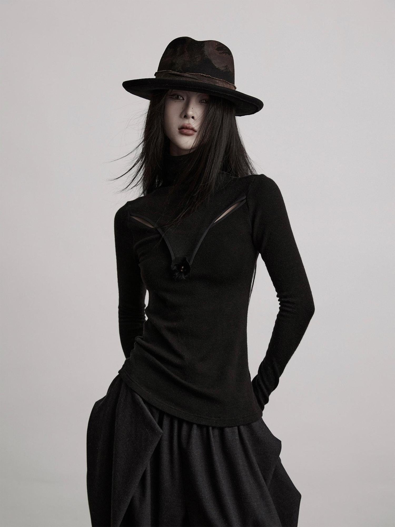INDULGE Breathable Slim Fit Cutout Mock Neck Women Black Long Sleeve T-Shirts