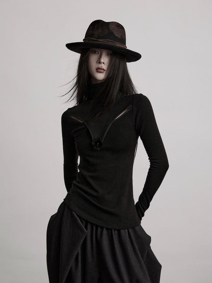 INDULGE Breathable Slim Fit Cutout Mock Neck Women Black Long Sleeve T-Shirts