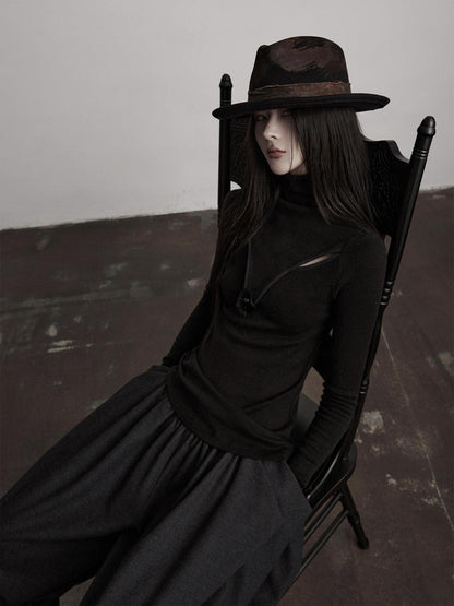 INDULGE Breathable Slim Fit Cutout Mock Neck Women Black Long Sleeve T-Shirts