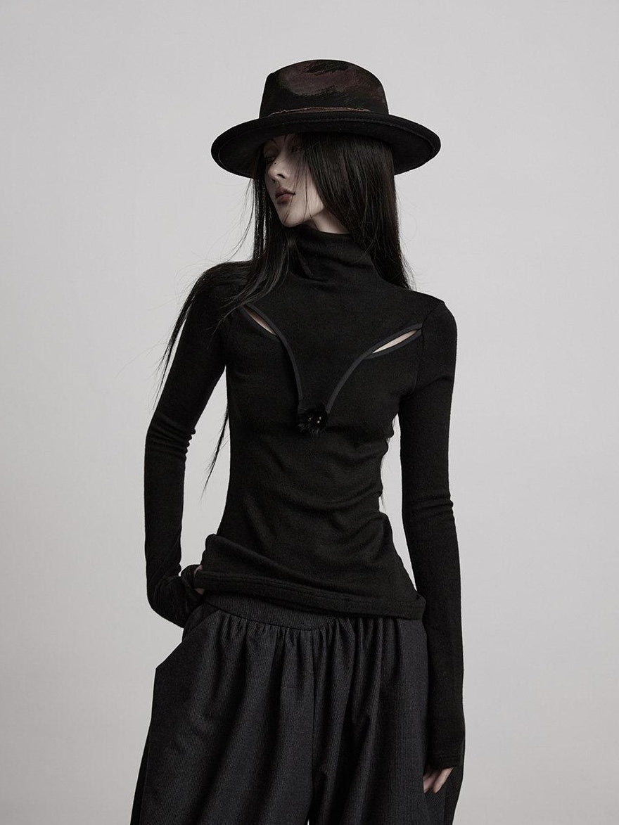 INDULGE Breathable Slim Fit Cutout Mock Neck Women Black Long Sleeve T-Shirts