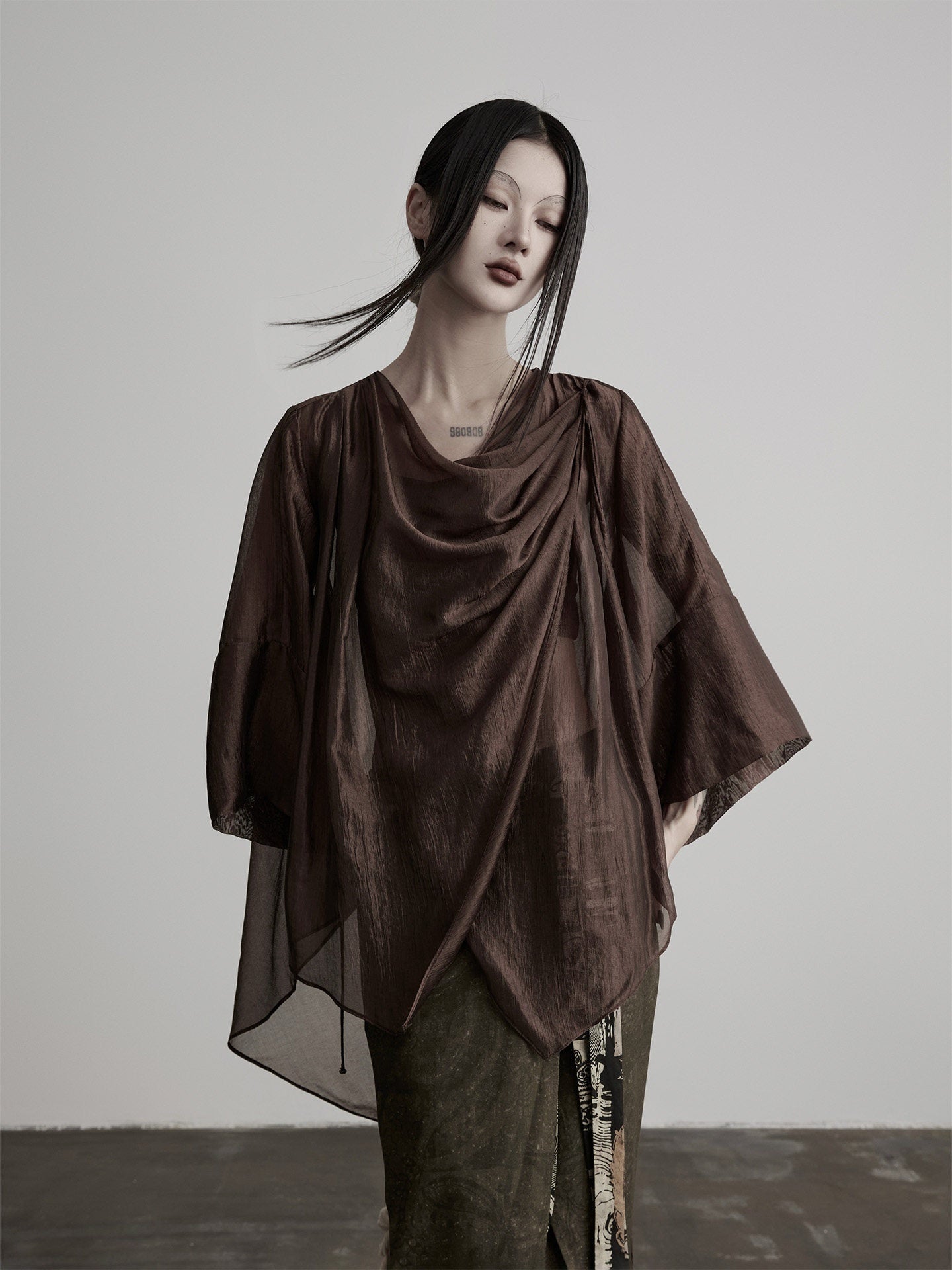 INDULGE_Brown_Asymmetric_Draped_Neck_Butterfly_Sleeves_Women&