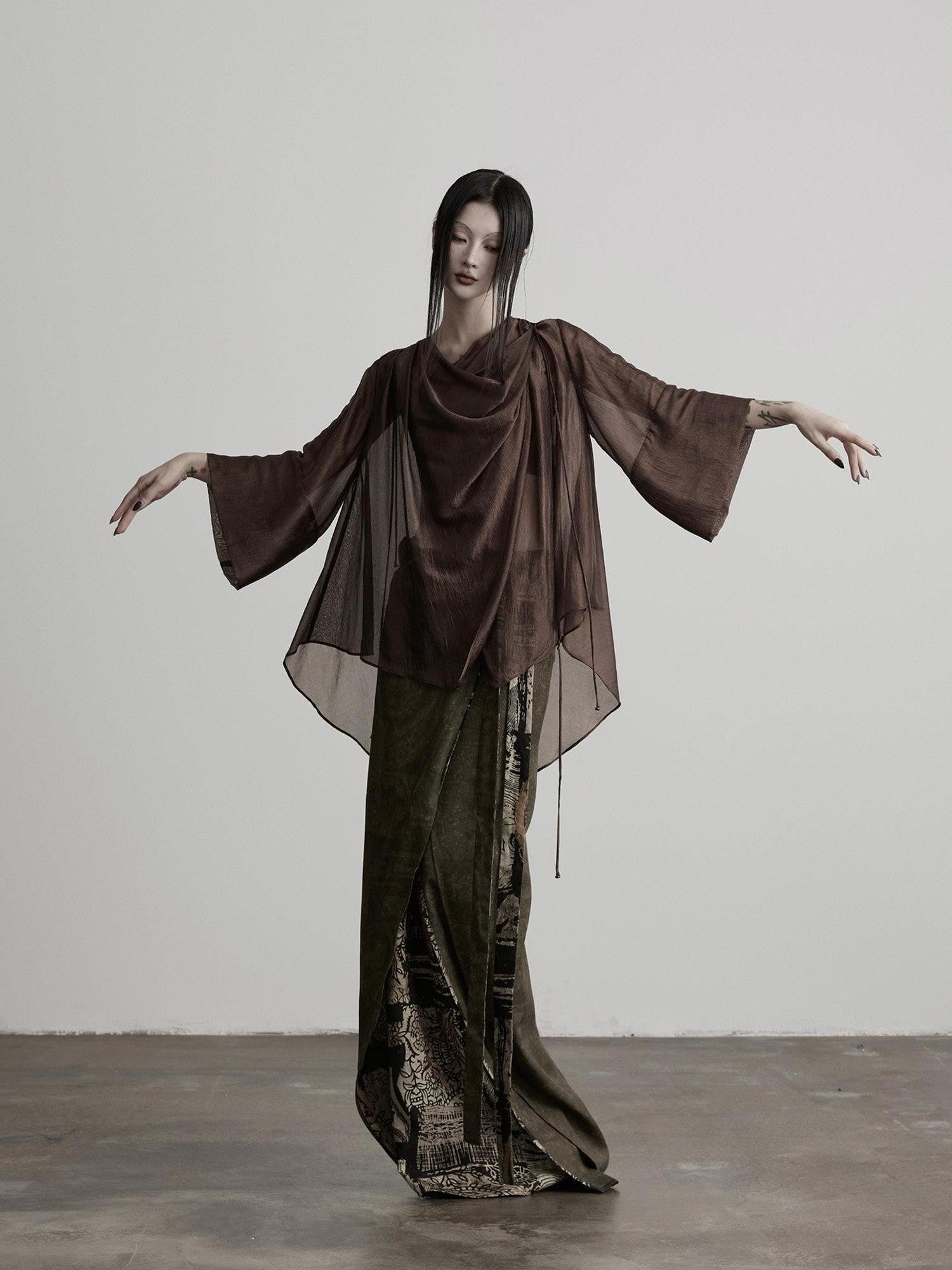 INDULGE Brown Asymmetric Draped Neck Butterfly Sleeves Women&