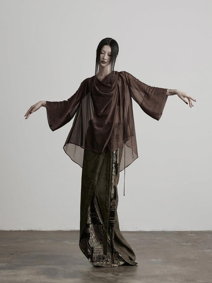 INDULGE Brown Asymmetric Draped Neck Butterfly Sleeves Women&