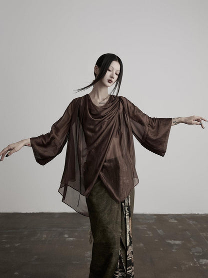 INDULGE Brown Asymmetric Draped Neck Butterfly Sleeves Women&