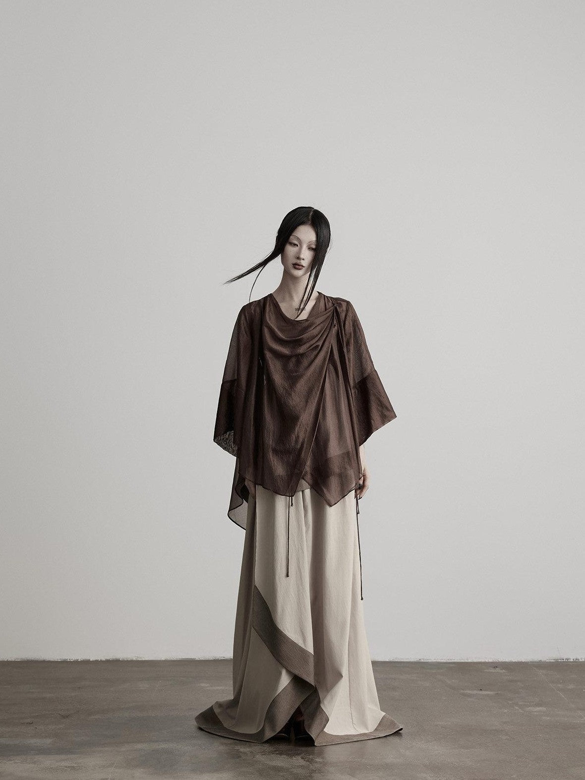 INDULGE Brown Asymmetric Draped Neck Butterfly Sleeves Women&