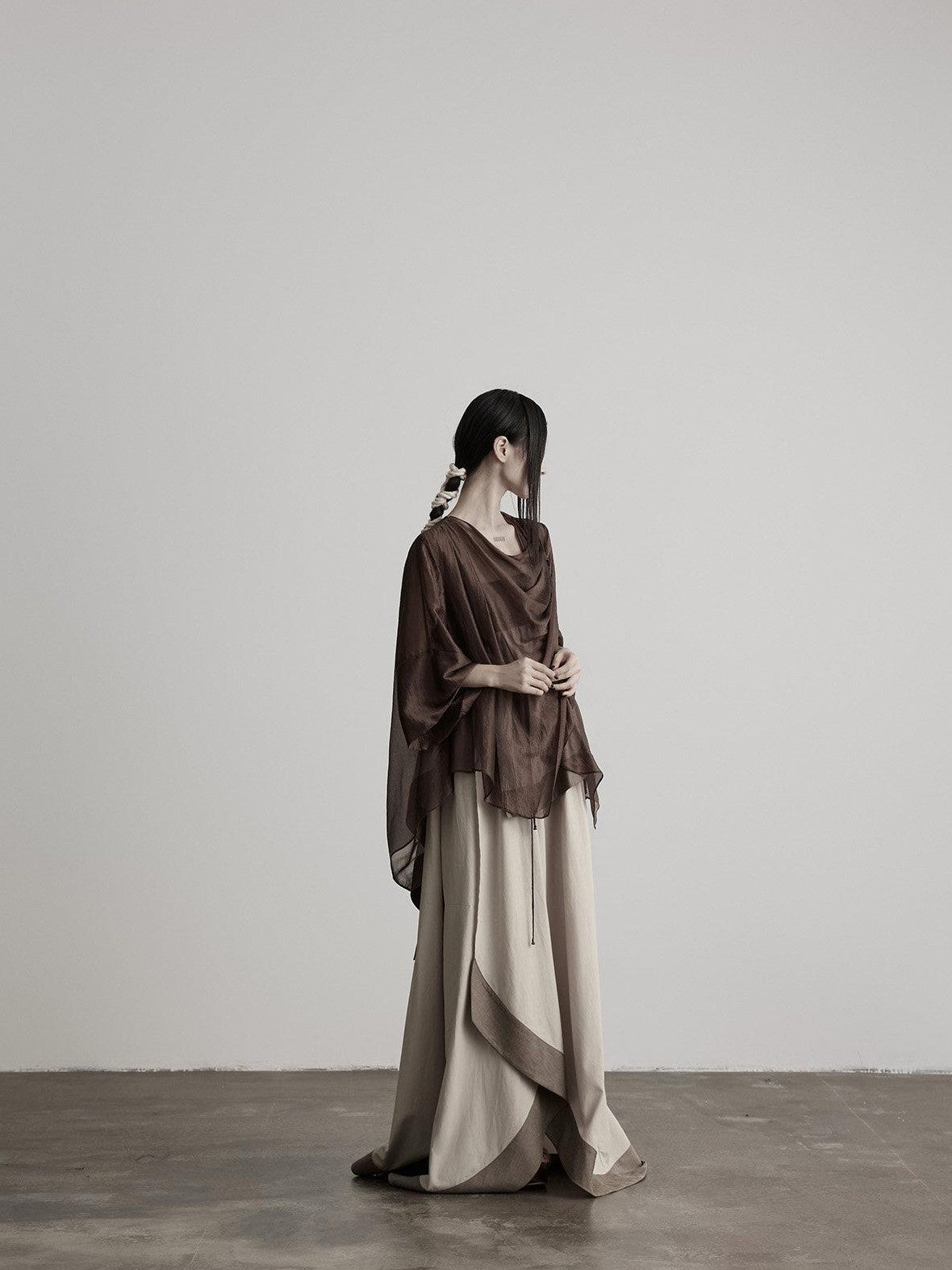 INDULGE Brown Asymmetric Draped Neck Butterfly Sleeves Women&