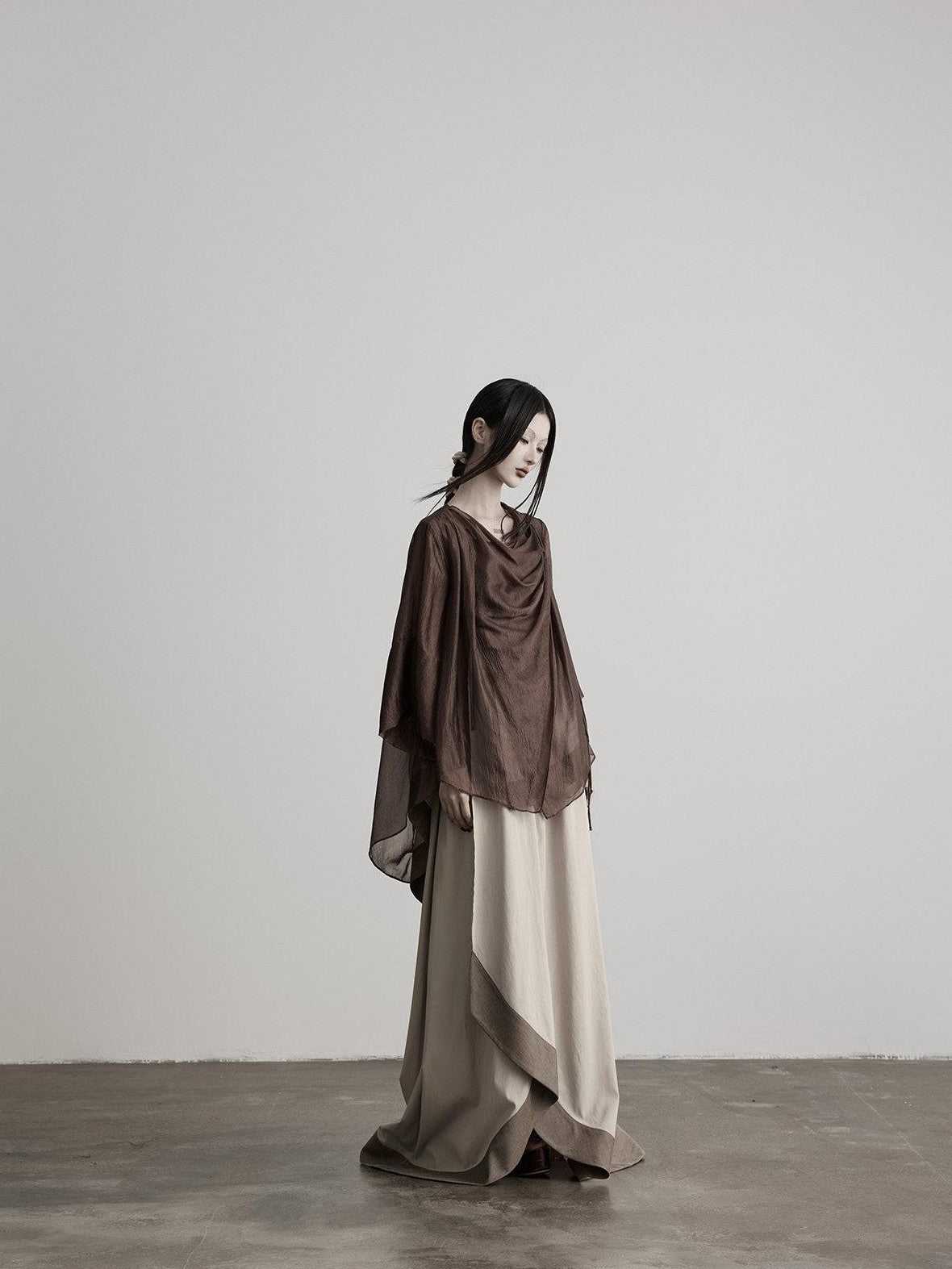 INDULGE Brown Asymmetric Draped Neck Butterfly Sleeves Women&