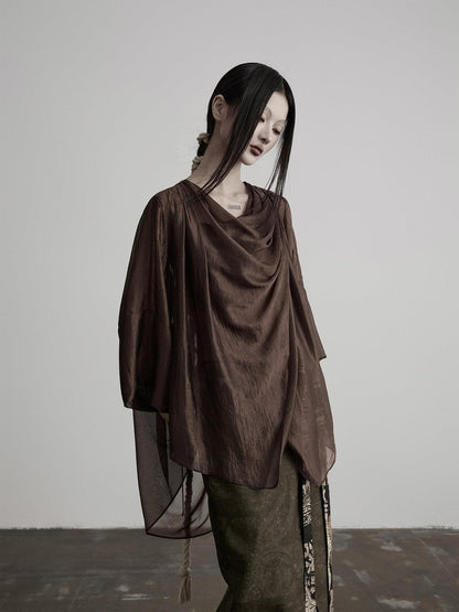 INDULGE Brown Asymmetric Draped Neck Butterfly Sleeves Women&