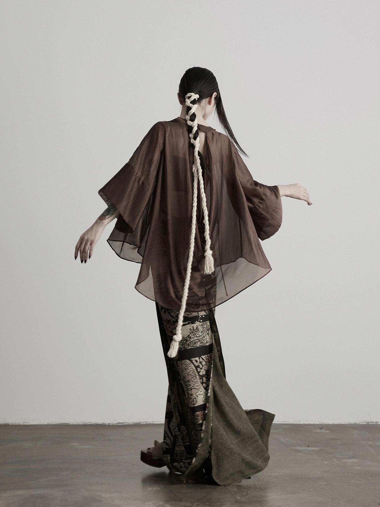 INDULGE Brown Asymmetric Draped Neck Butterfly Sleeves Women&