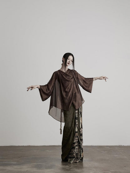 INDULGE Brown Asymmetric Draped Neck Butterfly Sleeves Women&