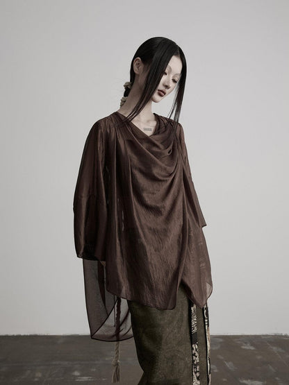 INDULGE Brown Asymmetric Draped Neck Butterfly Sleeves Women&