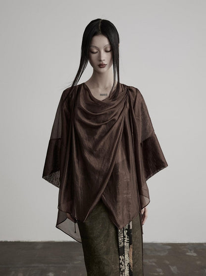 INDULGE Brown Asymmetric Draped Neck Butterfly Sleeves Women&
