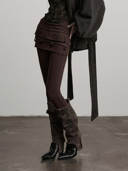 INDULGE Butt Lifting Mid Waist Embroidered Skort Casual Brown Viscose Cotton Hosiery