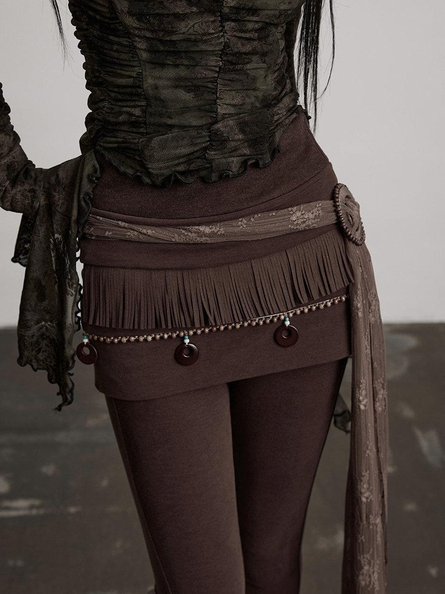 INDULGE Butt Lifting Mid Waist Embroidered Skort Casual Brown Viscose Cotton Hosiery