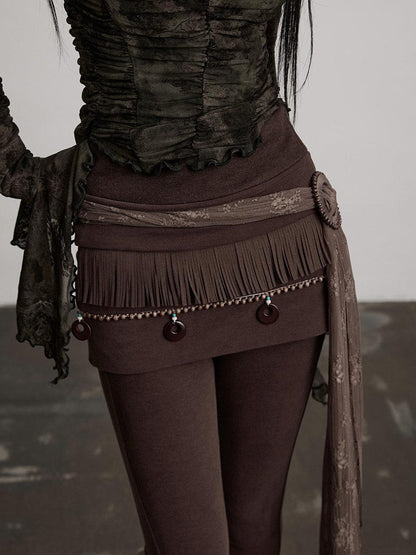 INDULGE Butt Lifting Mid Waist Embroidered Skort Casual Brown Viscose Cotton Hosiery