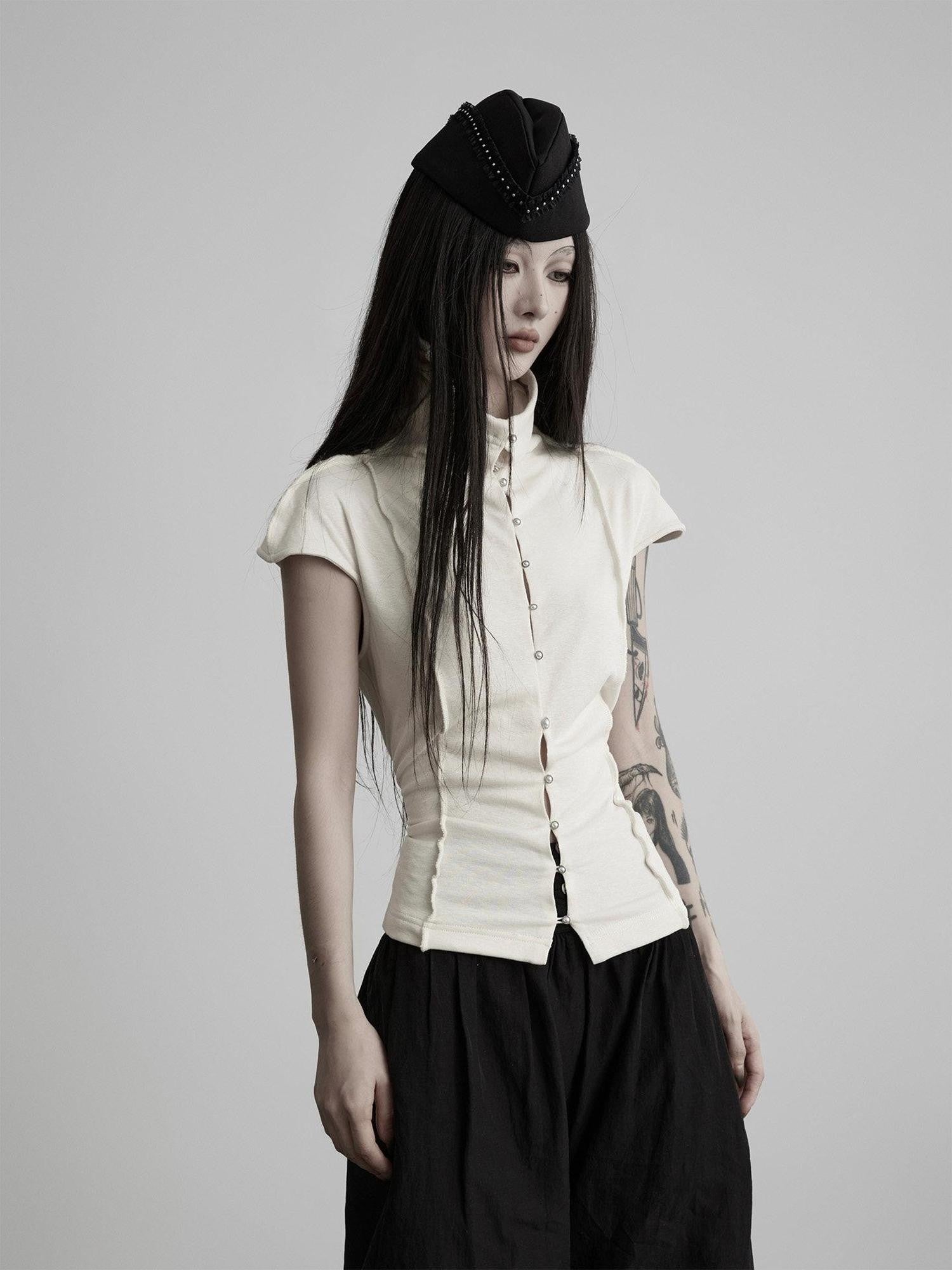 INDULGE Buttoned Knit High Neck Pleated Waist Women&