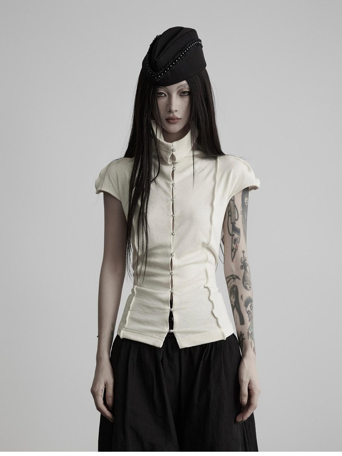 INDULGE Buttoned Knit High Neck Pleated Waist Women&